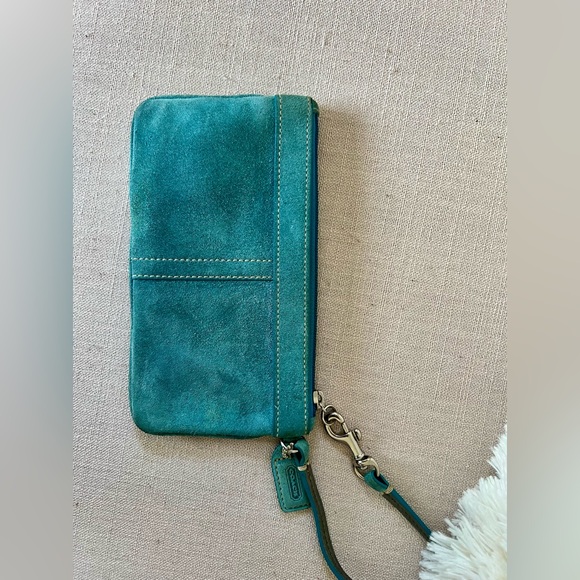 Coach teal blue suede wristlet with beading design. - Picture 2 of 4